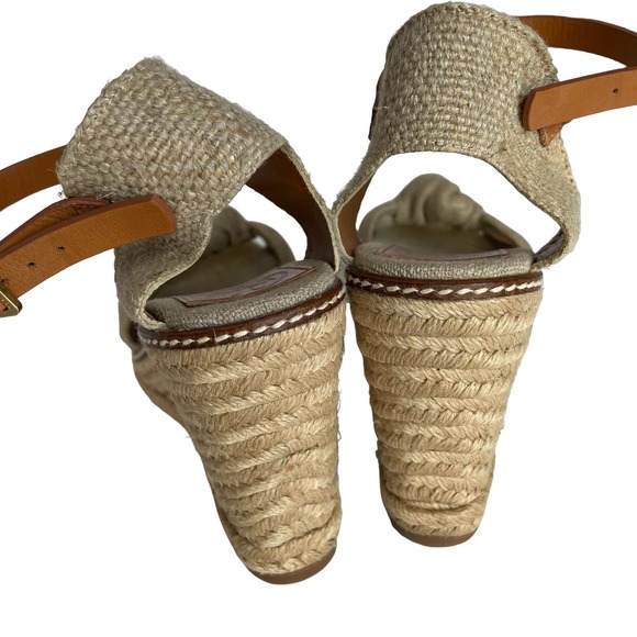 Tory Burch Macy Metallic Linen Peep Toe Knotted Band Espadrille Wedge Heel sz 10 - Picture 12 of 14